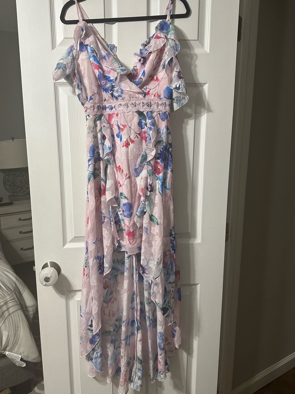 Lipsy Pink Floral High Low Floral Dress with Ruffle Bodice